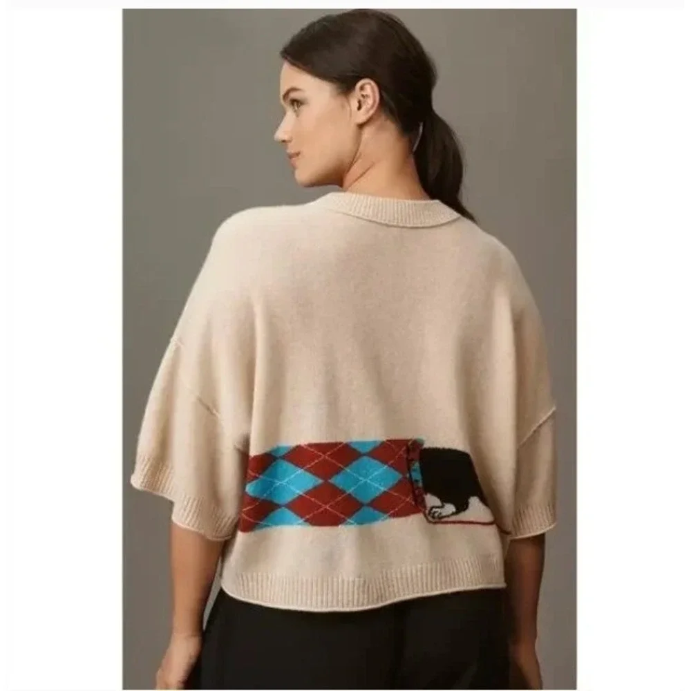 Anthropologie Dachshund Dog Cashmere Knit Sweater Beige NWT - Picture 9 of 15
